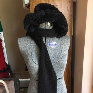 Fur hat with attached scarf